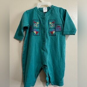 Vintage Baby Gap Romper 80s 90s Teal Cross Stitch Embroidered  3-6 Mo